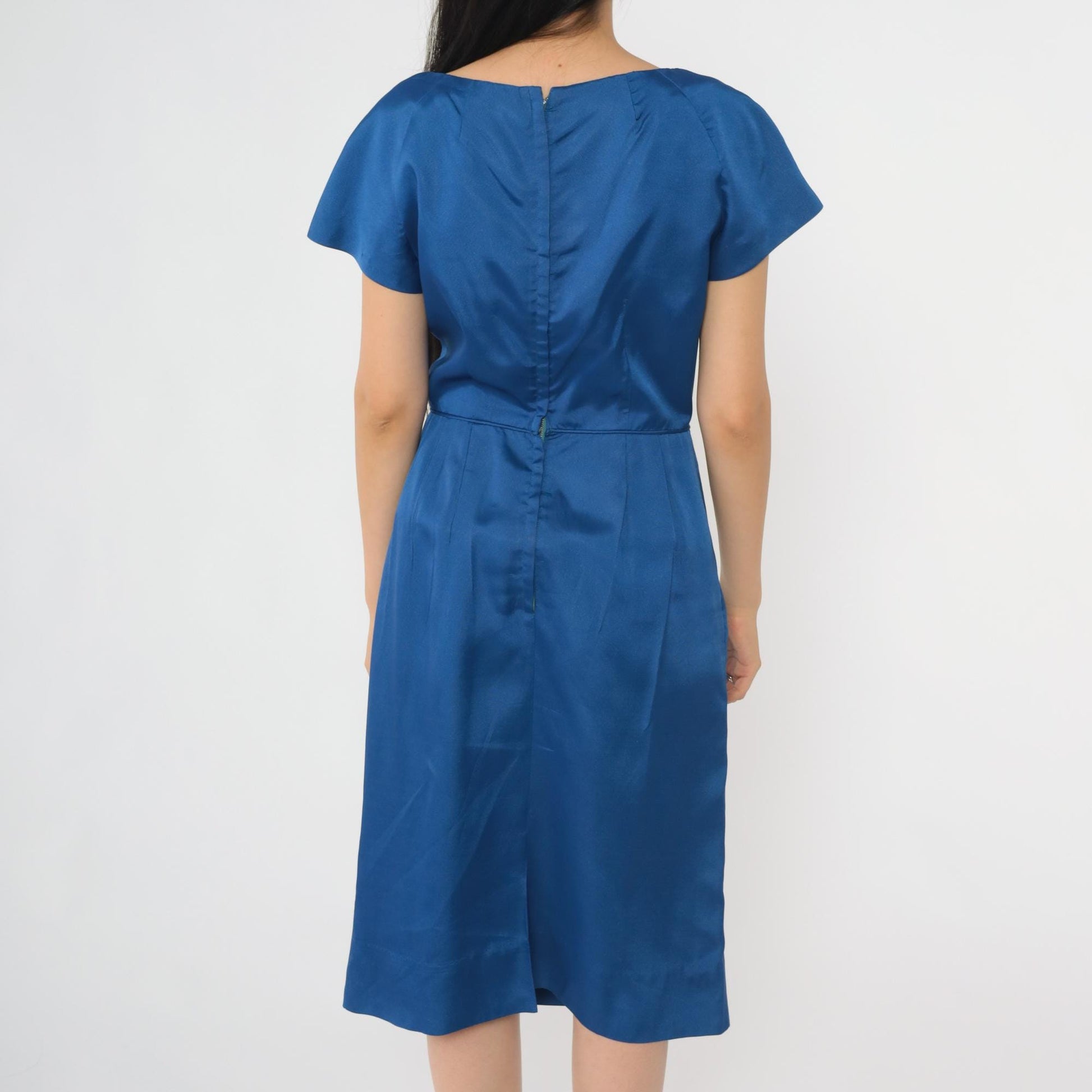 1960s Royal Blue Cocktail Dress Sculptural Neckline Midi Sheath Small S