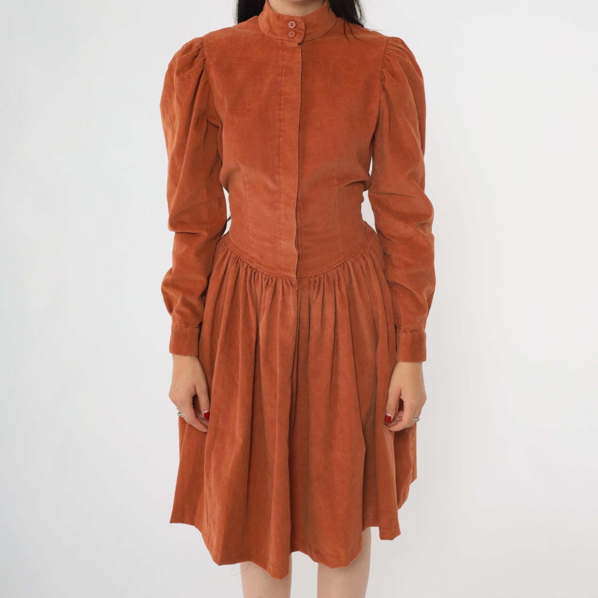 80s Rust Corduroy Midi Dress High Neck Puff Sleeve Fitted Waist Small