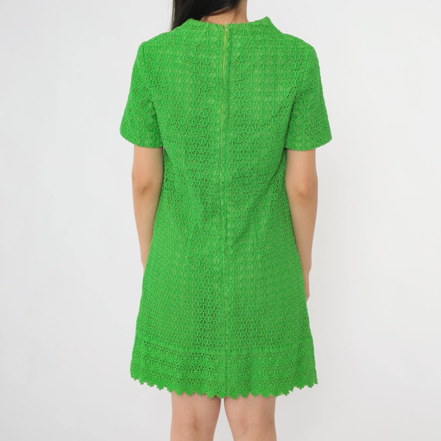 60s Green Guipure Lace Mod Mini Dress Geometric Embroidered V-Neck Small