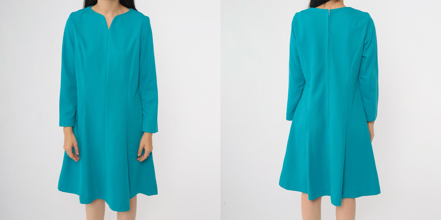 70s Turquoise Mod Mini Dress Long Sleeves V-Neck A-Line Shift Medium M
