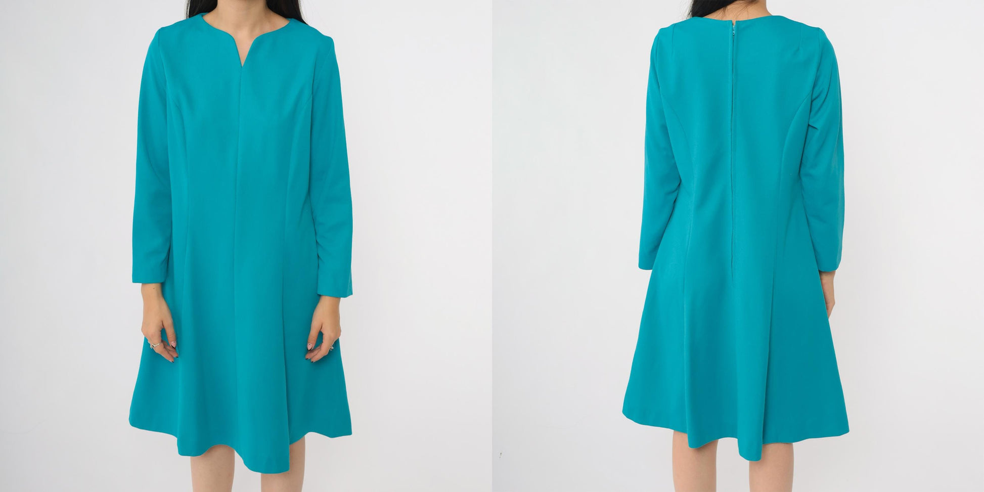 70s Turquoise Mod Mini Dress Long Sleeves V-Neck A-Line Shift Medium M
