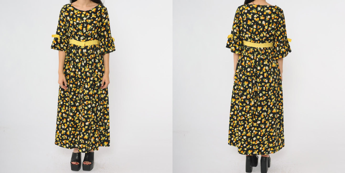 70s Lazy U Black Floral Maxi Dress Bell Sleeve Yellow Bow Large