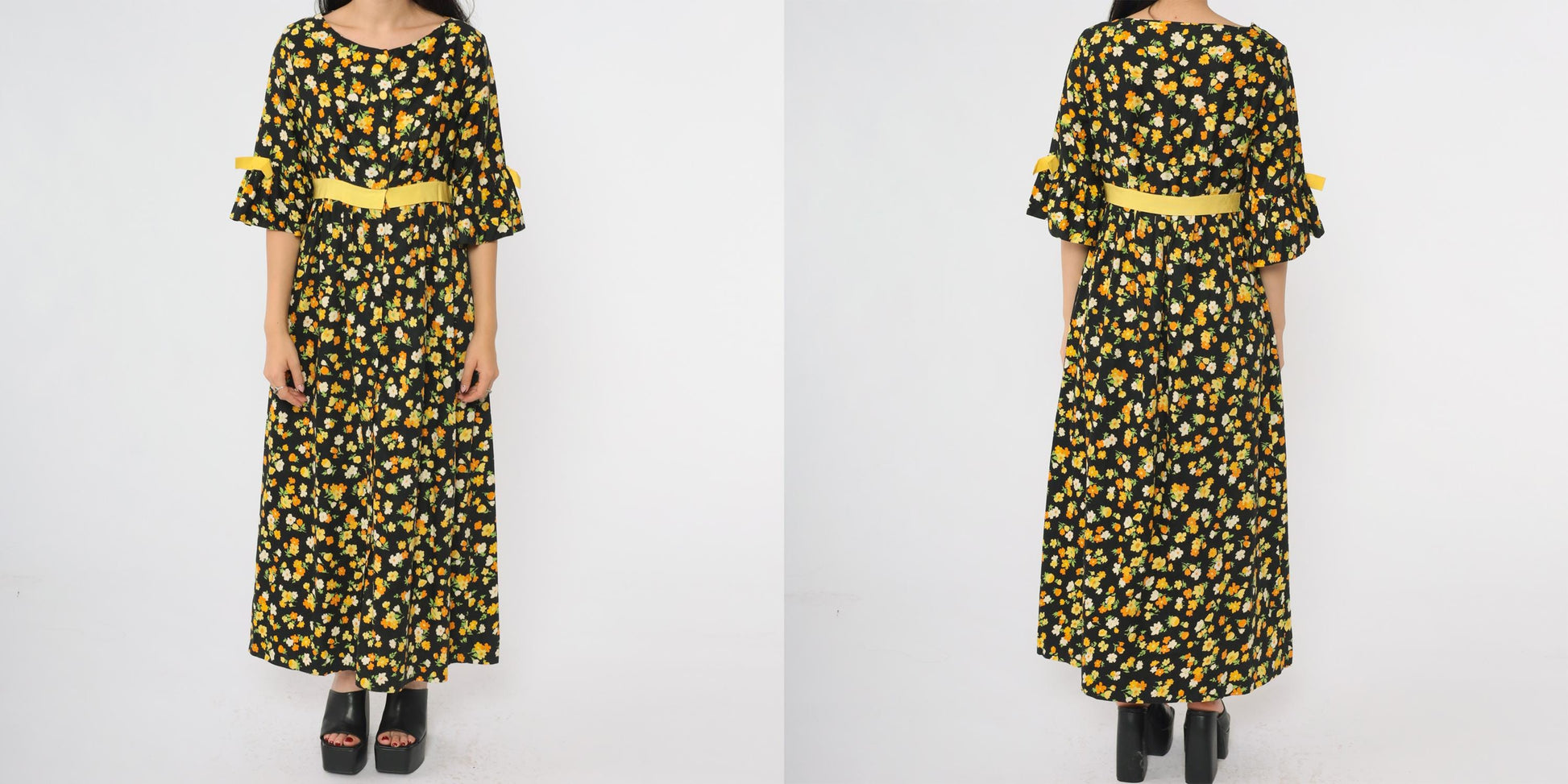 70s Lazy U Black Floral Maxi Dress Bell Sleeve Yellow Bow Large