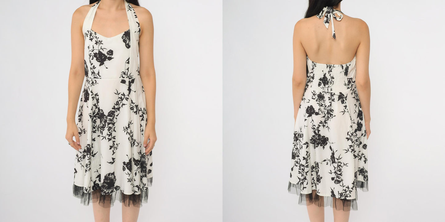 Y2K Black White Rose Halter Midi Dress Tulle Hem Backless Large L