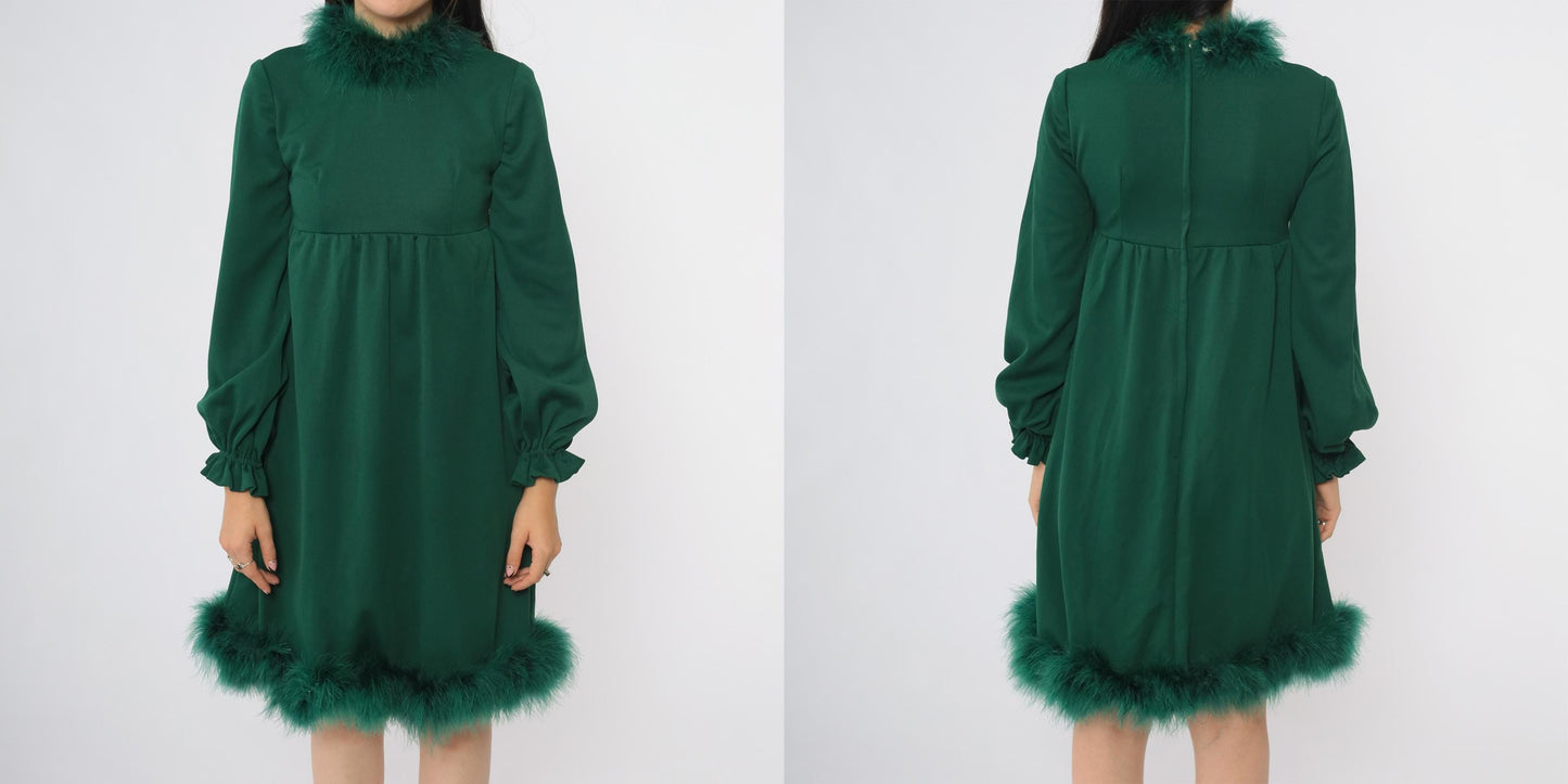 70s Green Marabou Feather Mini Dress High Neck Empire Waist Puff Sleeve Extra Small