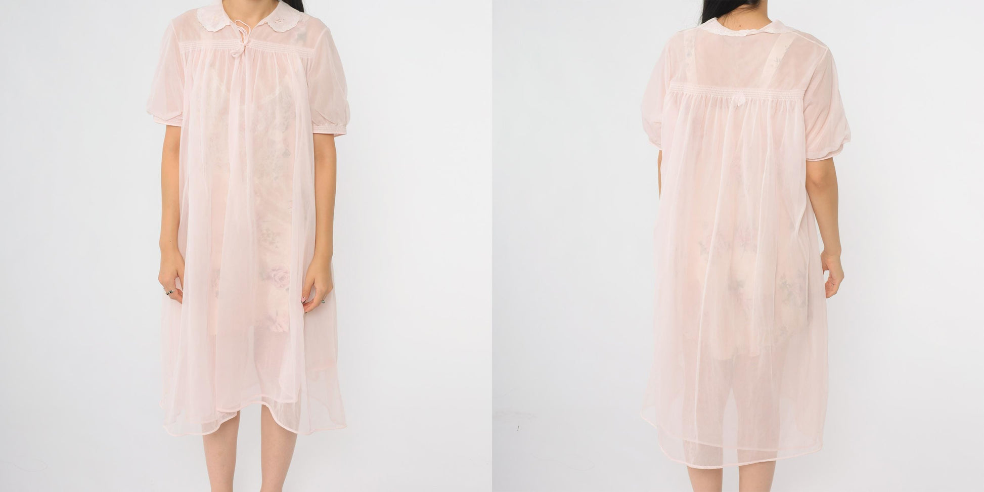 70s Pink Nylon Nightgown Peter Pan Collar Tie Front Midi Medium Large
