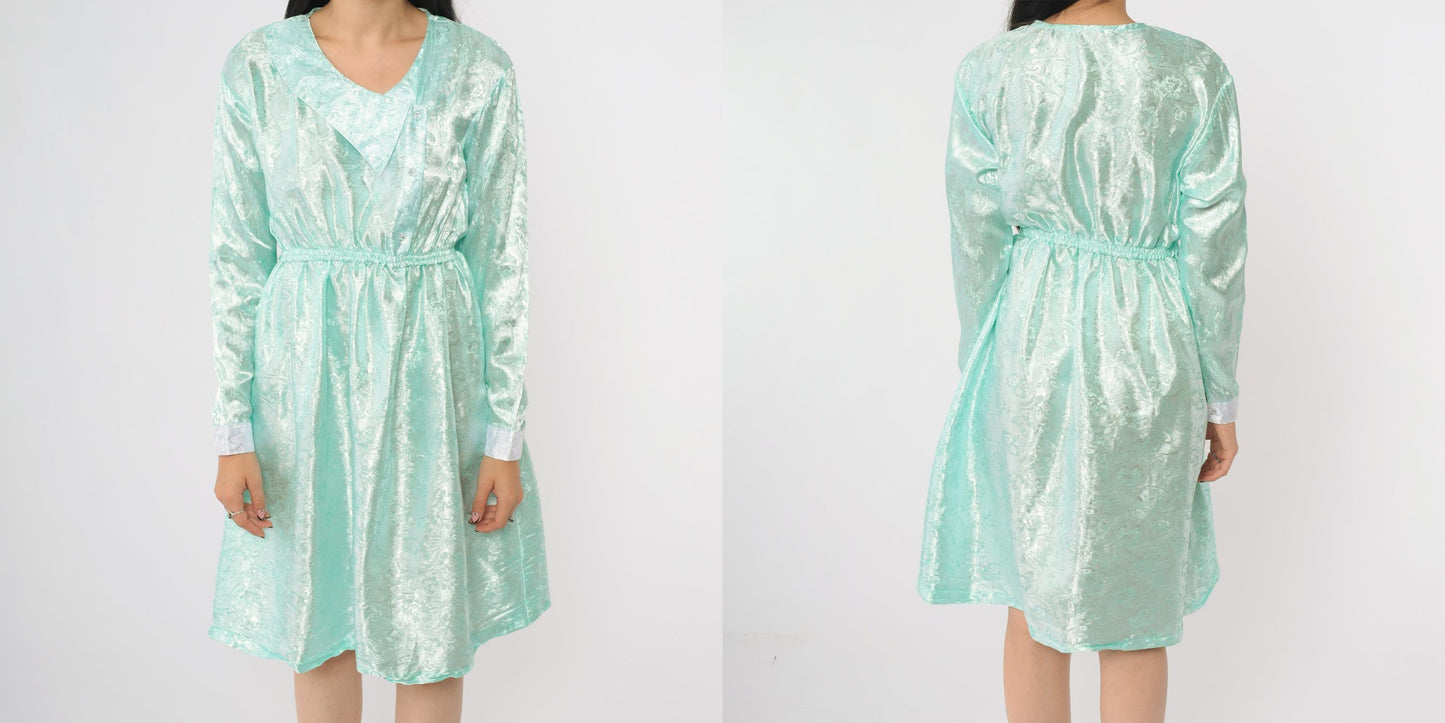80s Mint Green Satin V-Neck Dress Long Sleeve Bow Detail Small