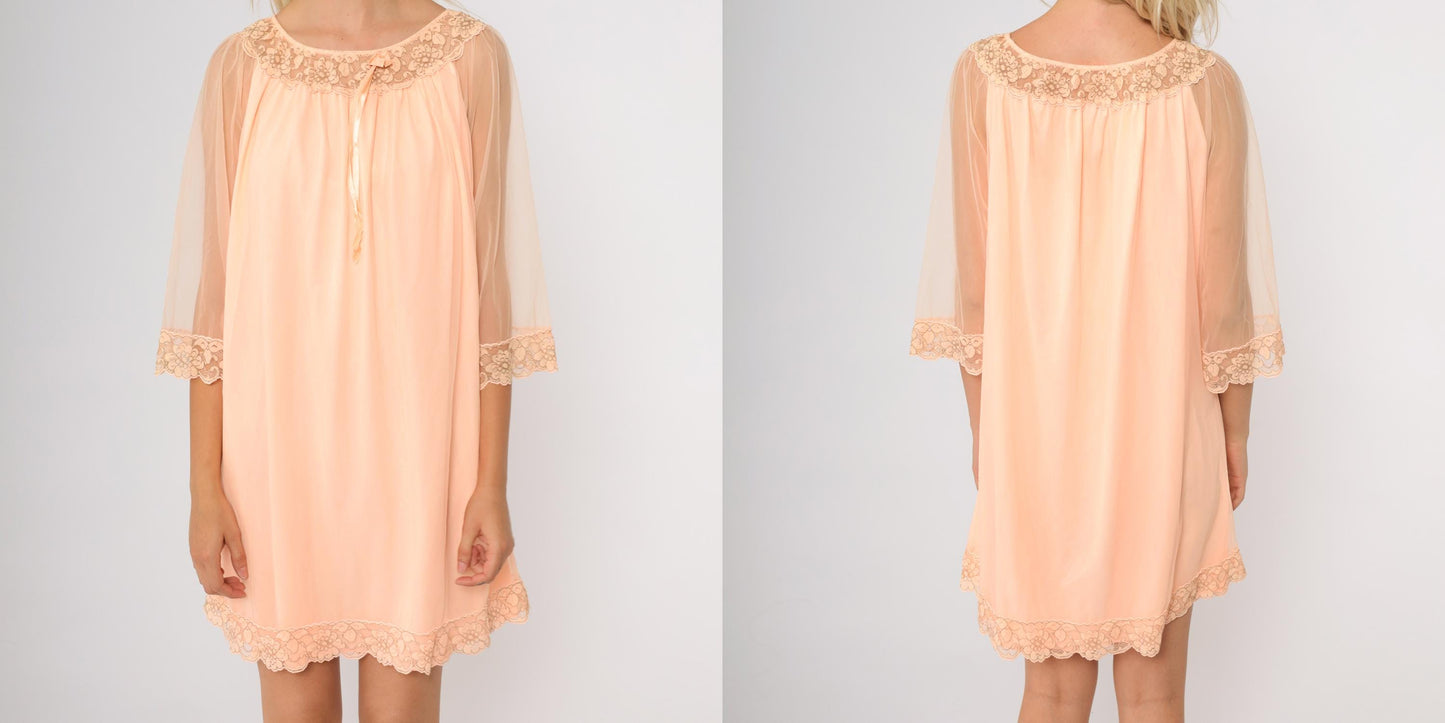 70s Avian Peach Babydoll Nightgown Lace Trim Mini Lingerie Large L