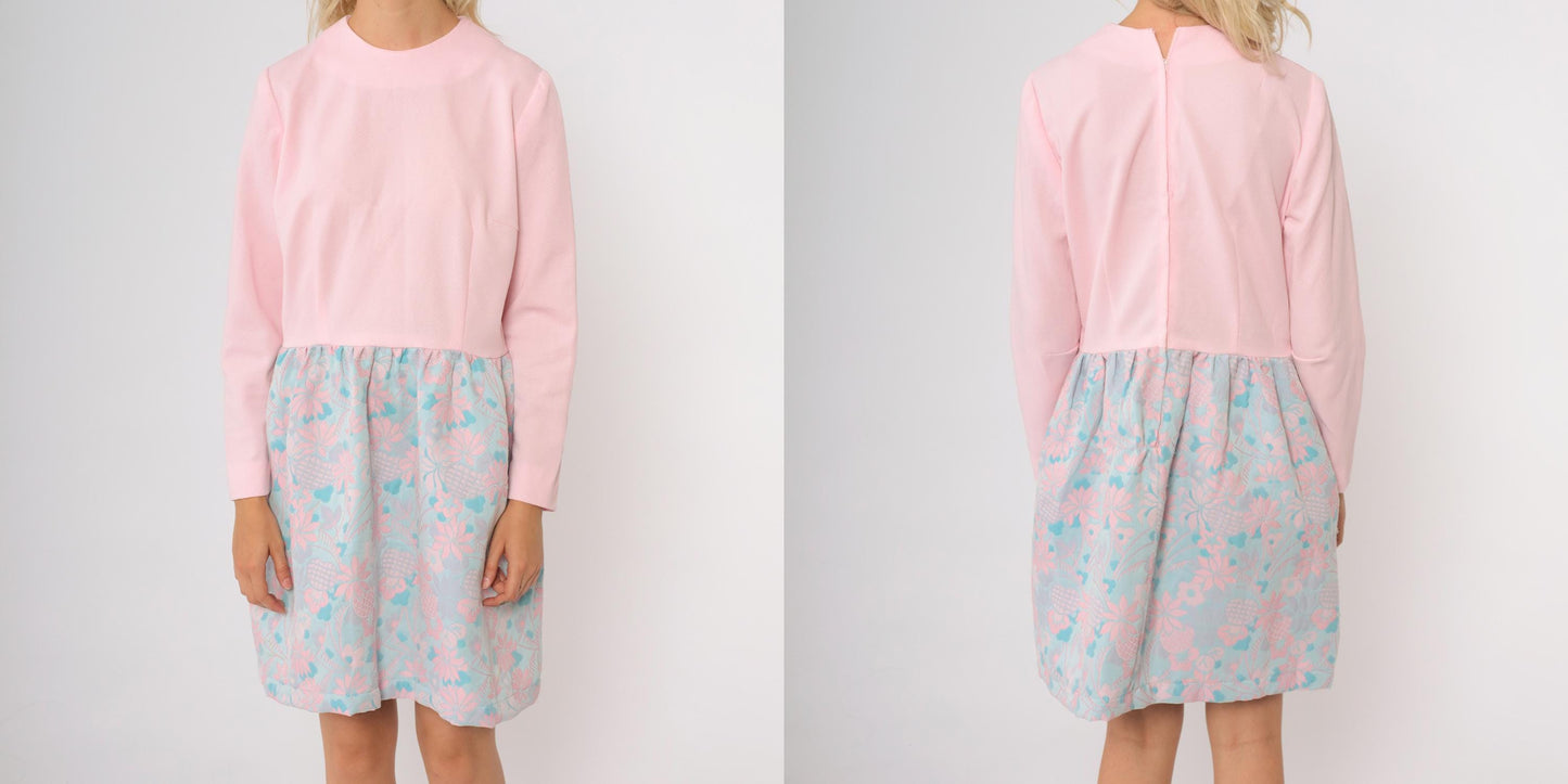 70s Pink Aqua Floral Mini Dress Long Sleeve Mock Neck A-Line Large