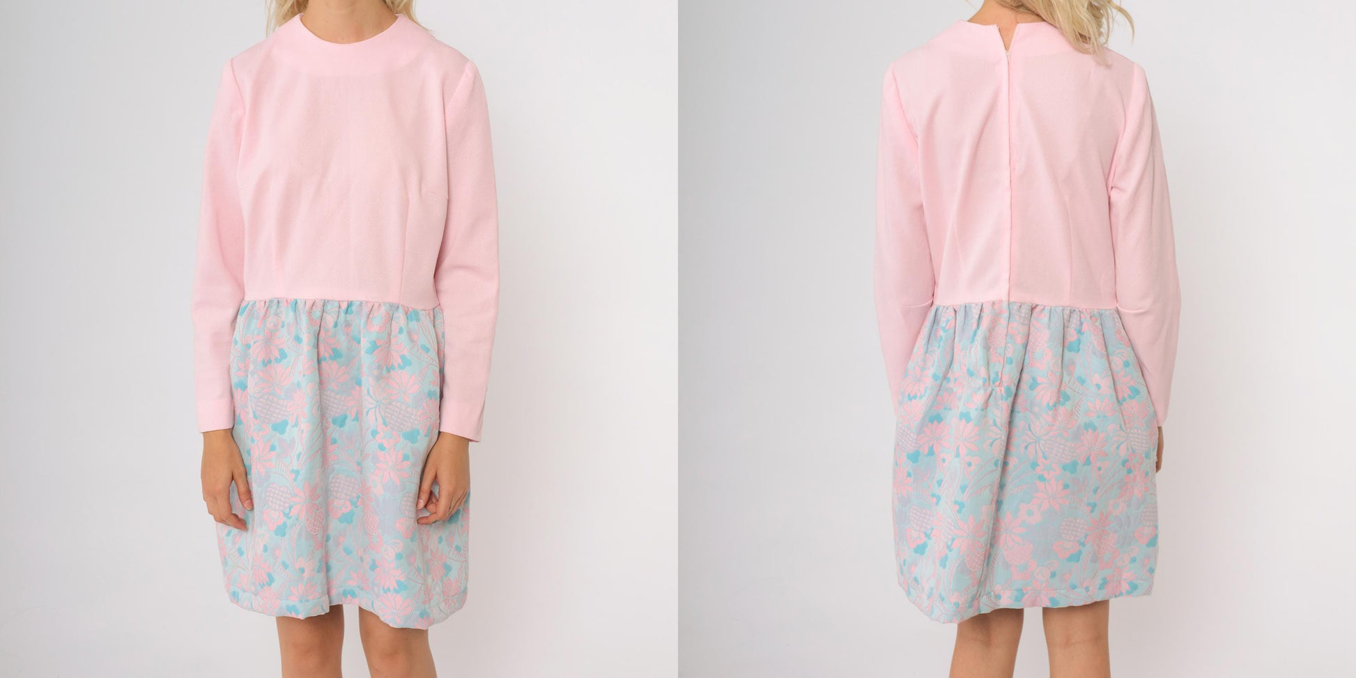 70s Pink Aqua Floral Mini Dress Long Sleeve Mock Neck A-Line Large