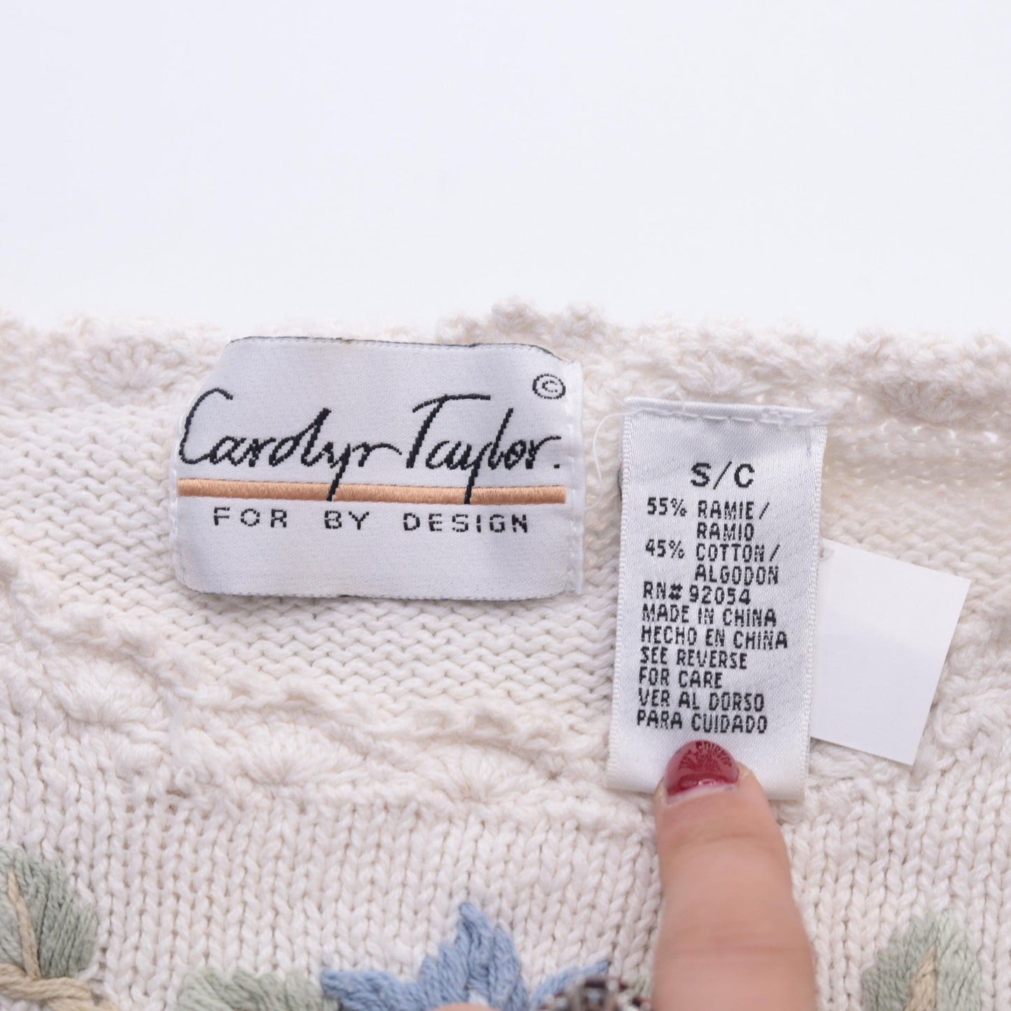 90s Carolyn Taylor Cream Floral Embroidered Sweater Small S