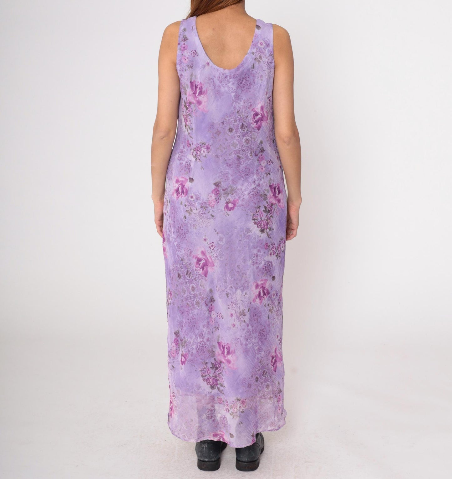 90s K Studio Lavender Floral Maxi Dress Sleeveless V-Neck Chiffon Large