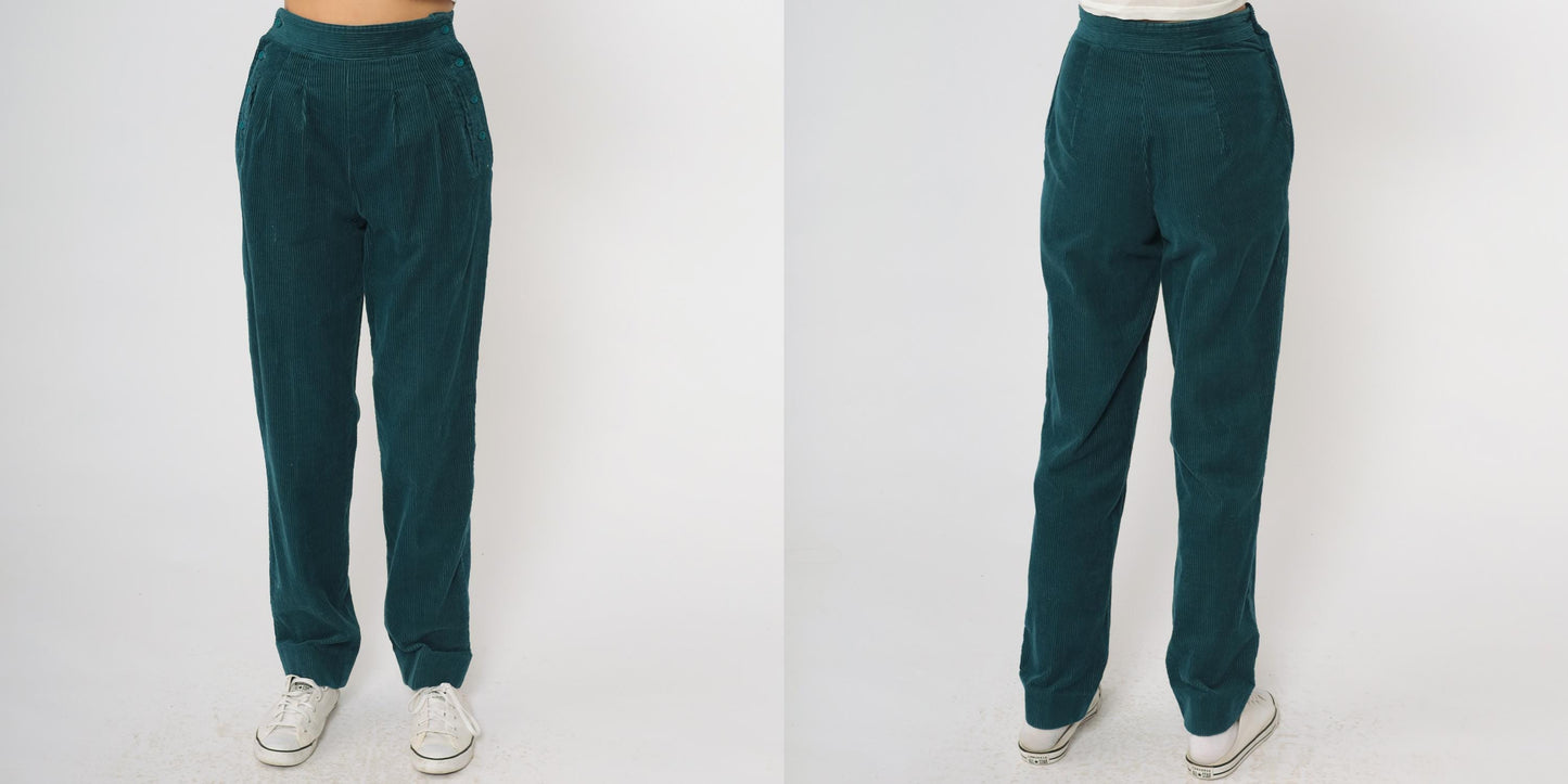 80s Emerald Green Corduroy High-Waisted Tapered Pants Button Fly XS