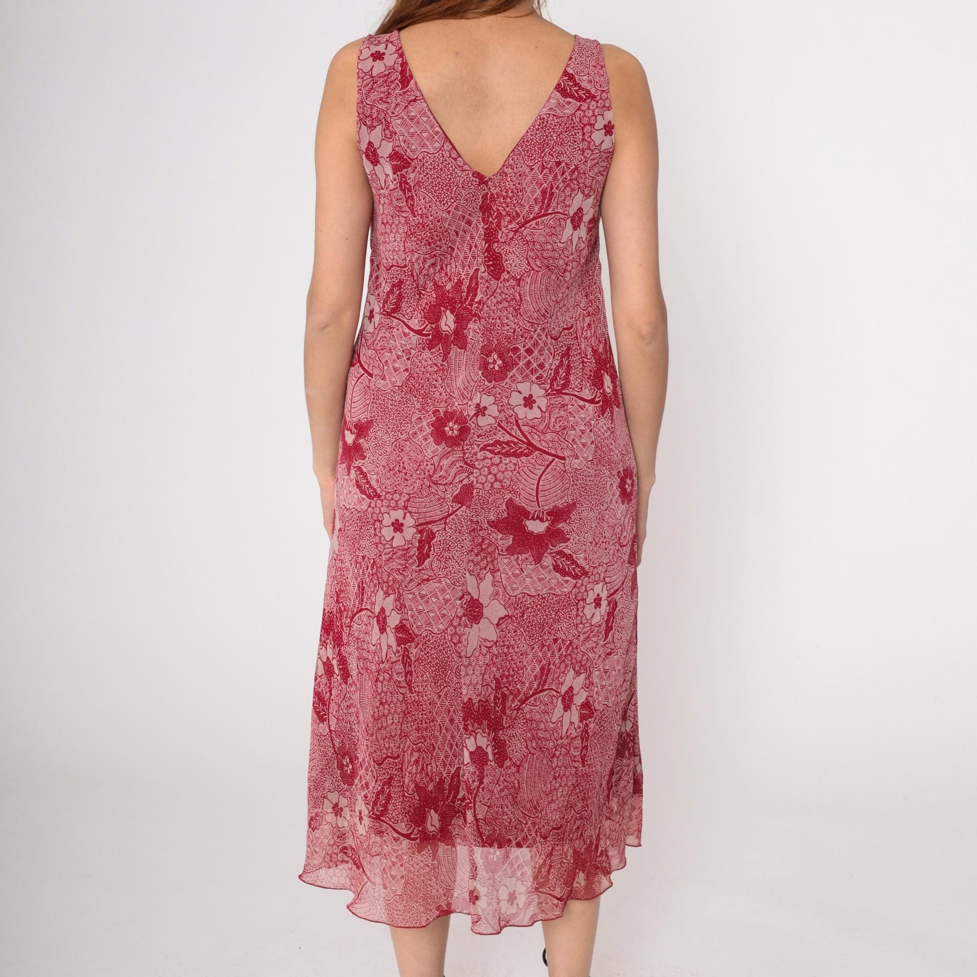 Y2K Red Paisley Midi Dress Sleeveless V Neck Floral Chiffon Medium