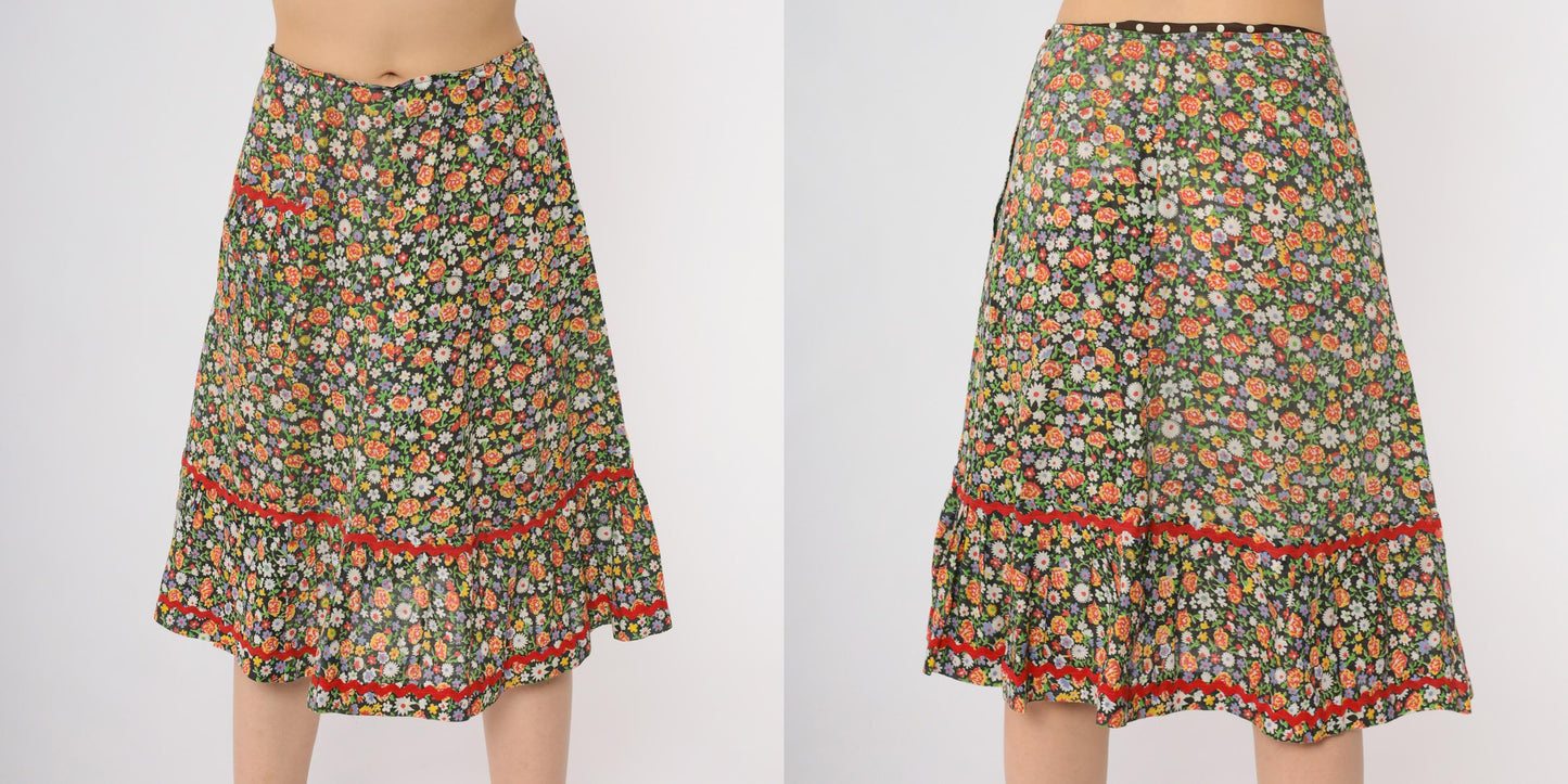 70s Floral Prairie Skirt Tiered Ruffle Midi Black Red Rickrack Small