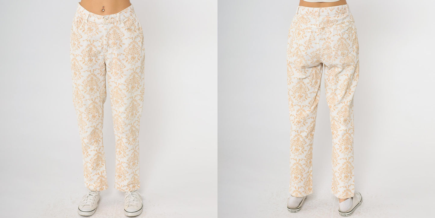 Y2K Paisley Corduroy Pants Cream Orange High Waisted Straight Leg Medium M