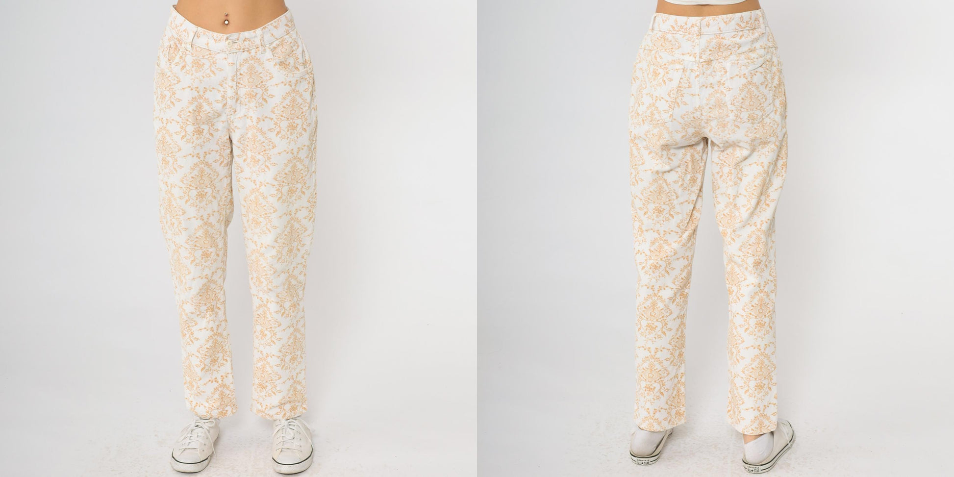 Y2K Paisley Corduroy Pants Cream Orange High Waisted Straight Leg Medium M