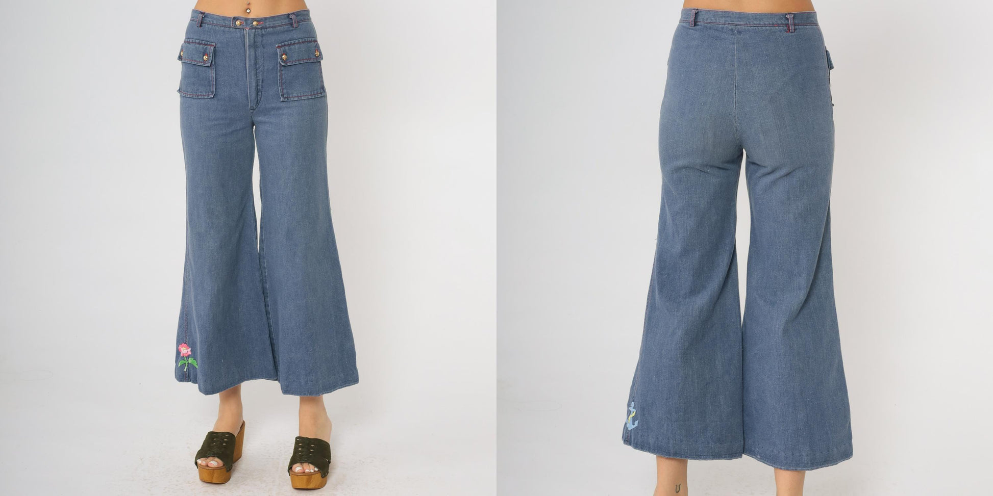 70s Carol Evans Bell Bottom Jeans High Waisted Flare Rose Embroidery Extra Small