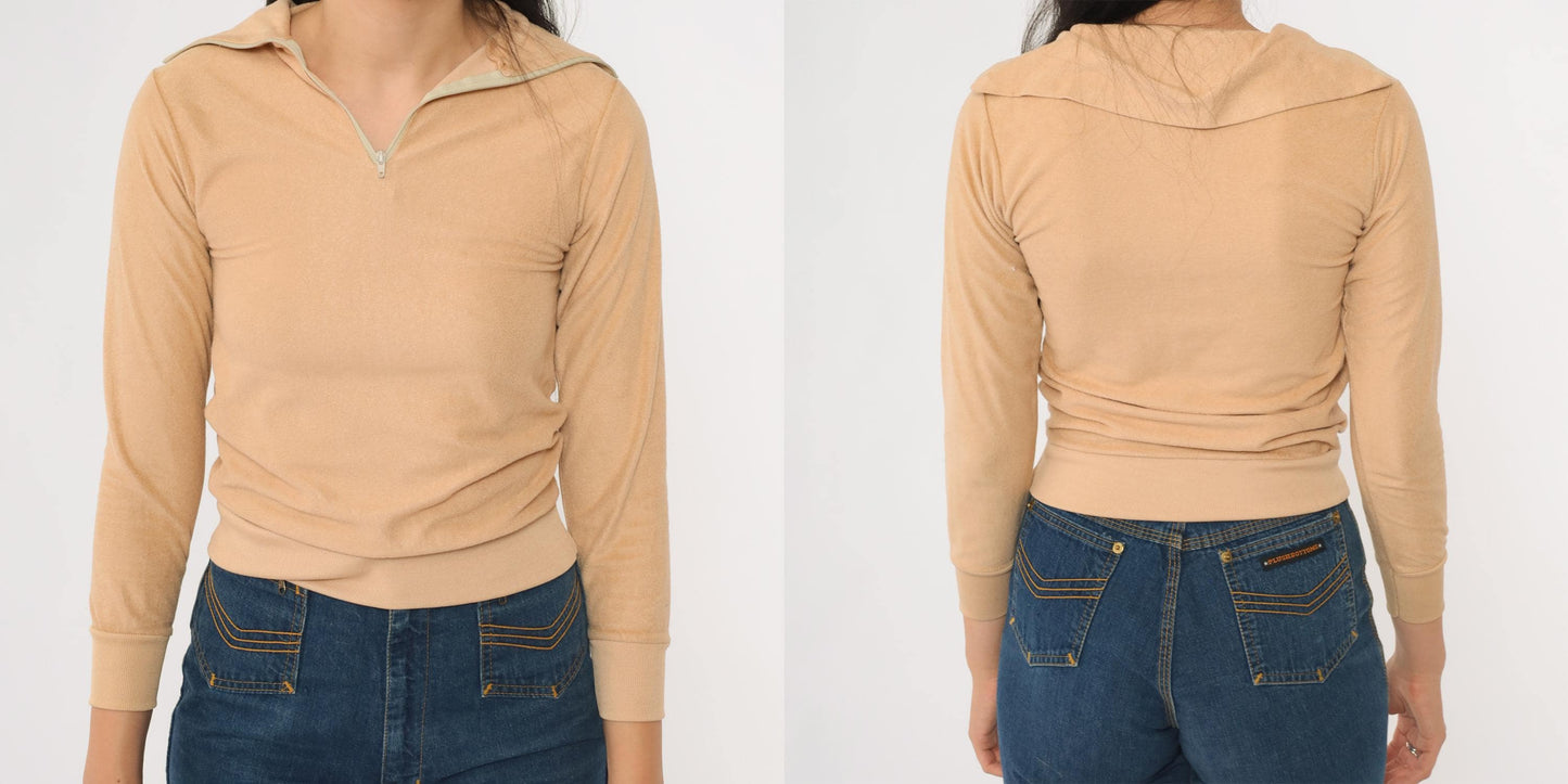 80s Tan Velour Quarter Zip Sweatshirt Fleece Pullover Youth Extra Small XXS