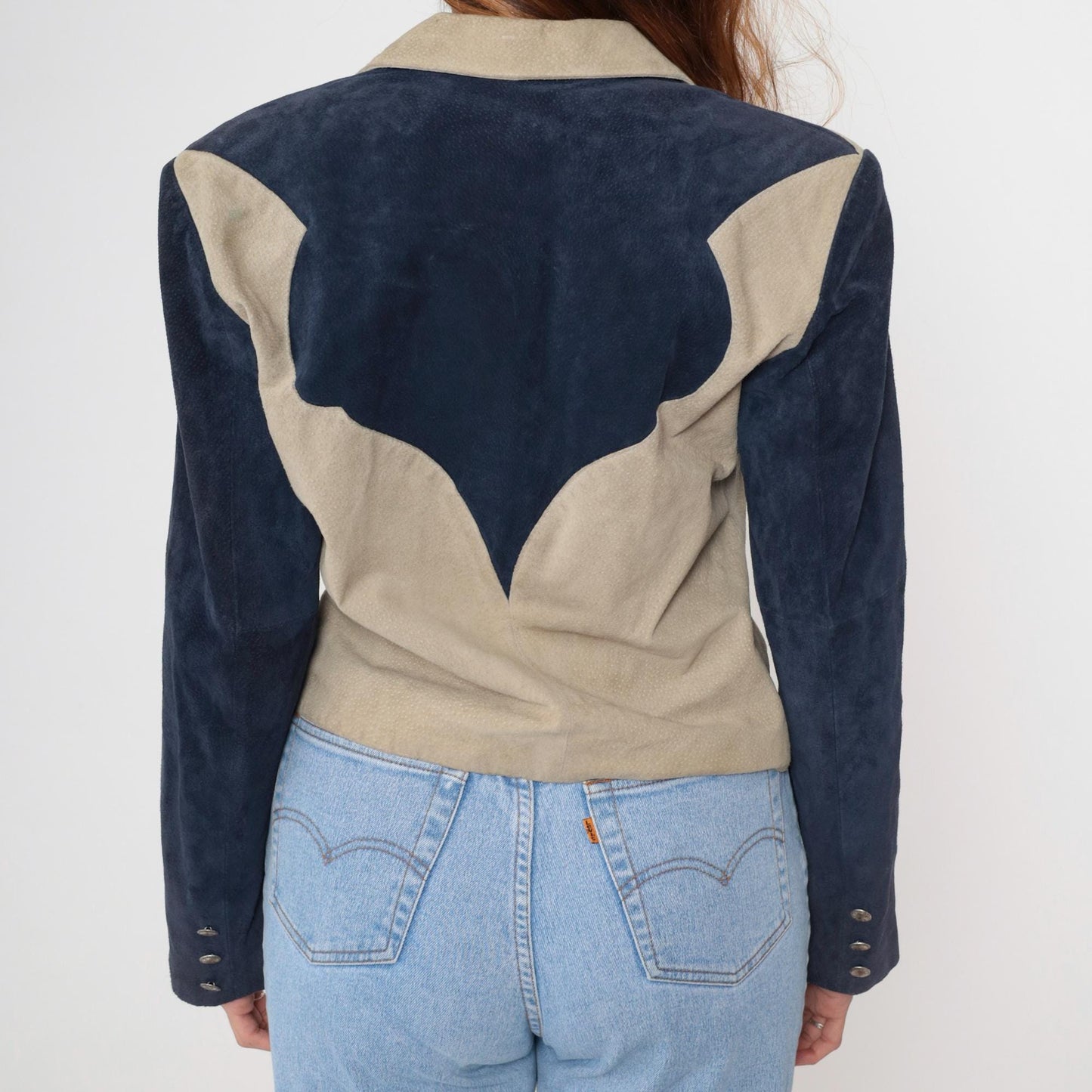 90s Scully Western Blazer Navy Beige Genuine Leather Jacket Medium M