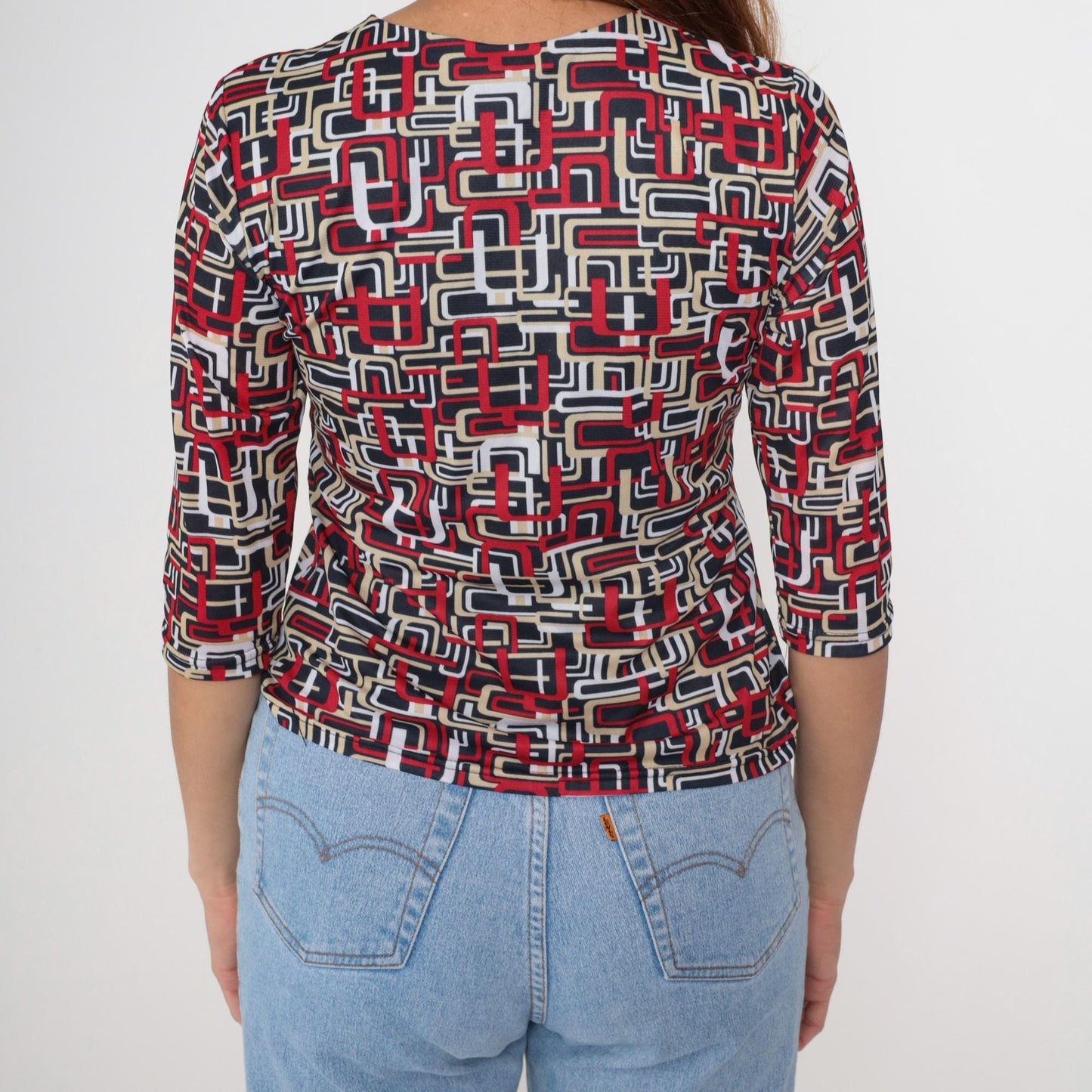 Y2K Erena Petite Geometric Abstract V-Neck Blouse Red Black White Small S