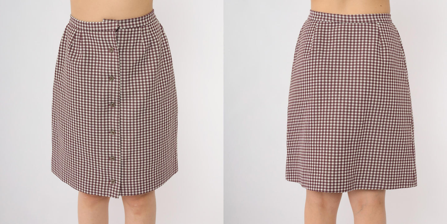 70s Burgundy Gingham Mini Skirt Button-Front High-Waist A-Line Small S