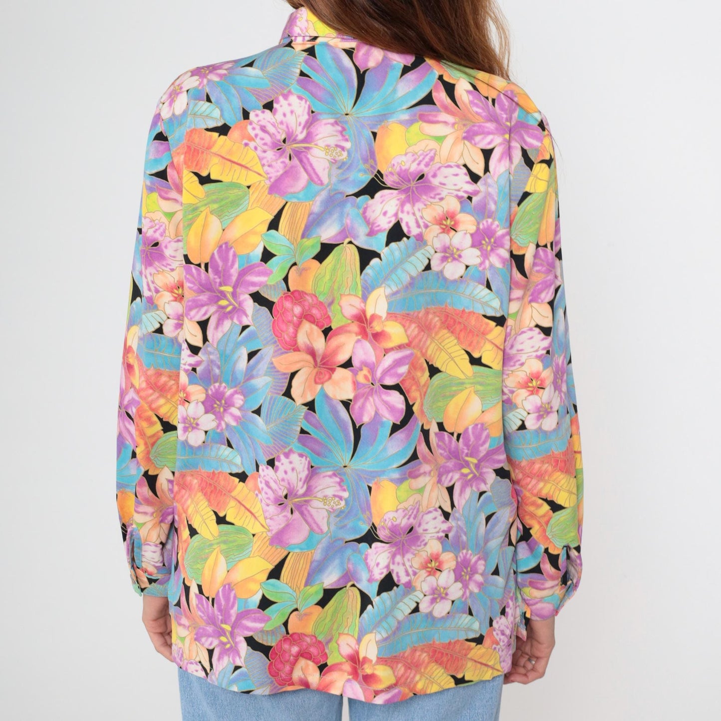 90s Tropical Floral Button Up Blouse Purple Hibiscus Black Rayon Long Sleeve Large