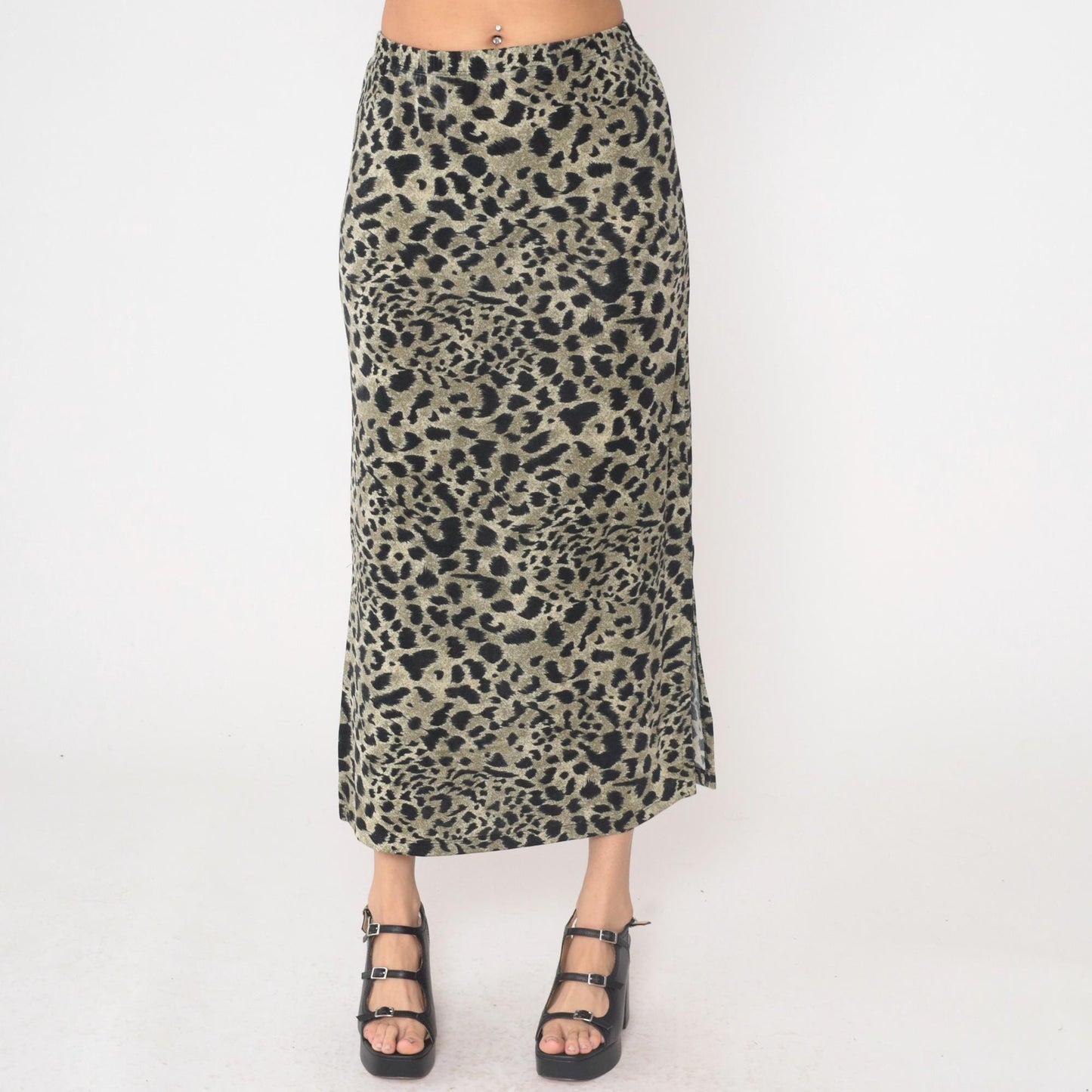90s Impressions Leopard Print Maxi Skirt High Waist Black Olive Small S