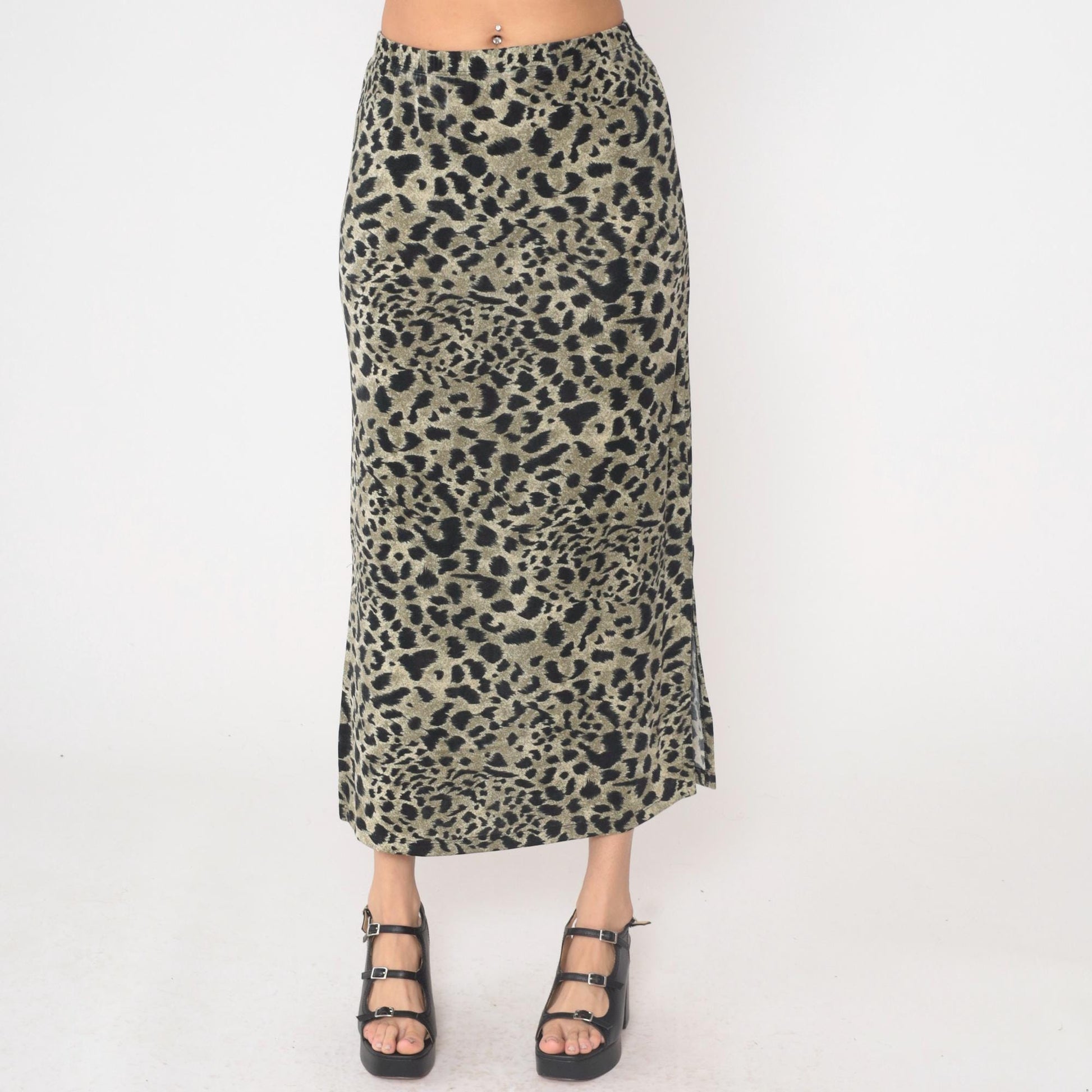 90s Impressions Leopard Print Maxi Skirt High Waist Black Olive Small S