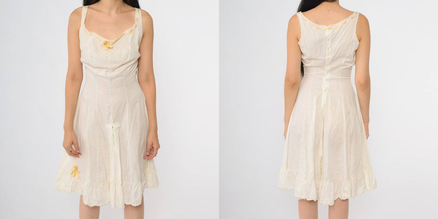 1930s White Cotton Step-In Chemise Embroidered Yellow Ribbon Trim Extra Small XS