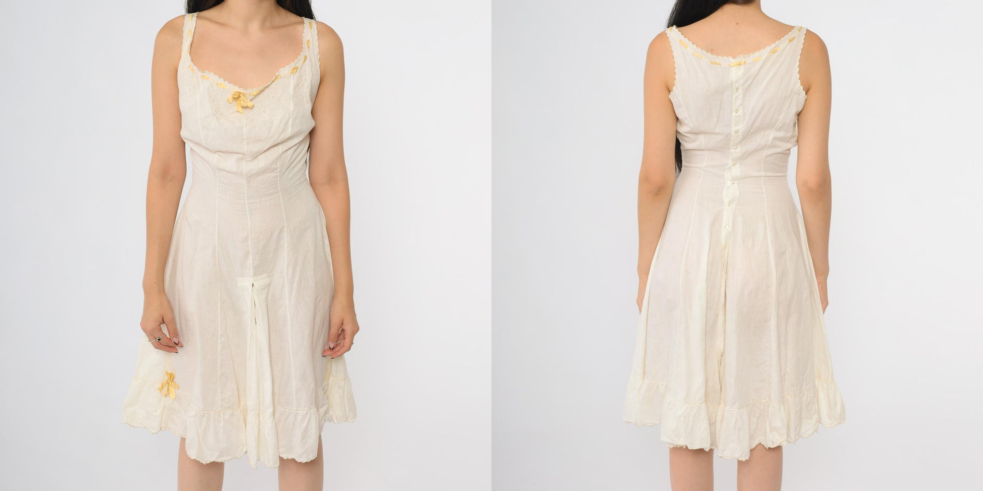 1930s White Cotton Step-In Chemise Embroidered Yellow Ribbon Trim Extra Small XS