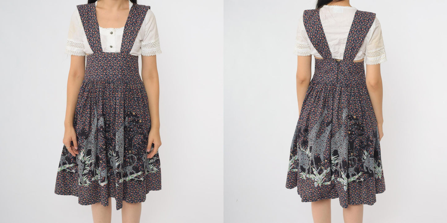 80s Giraffe Print Pinafore Dress Navy Full Circle Skirt Cotton Midi Small