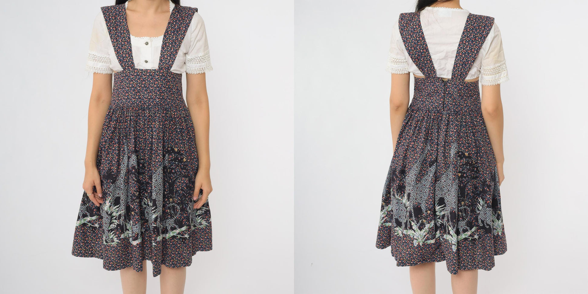 80s Giraffe Print Pinafore Dress Navy Full Circle Skirt Cotton Midi Small
