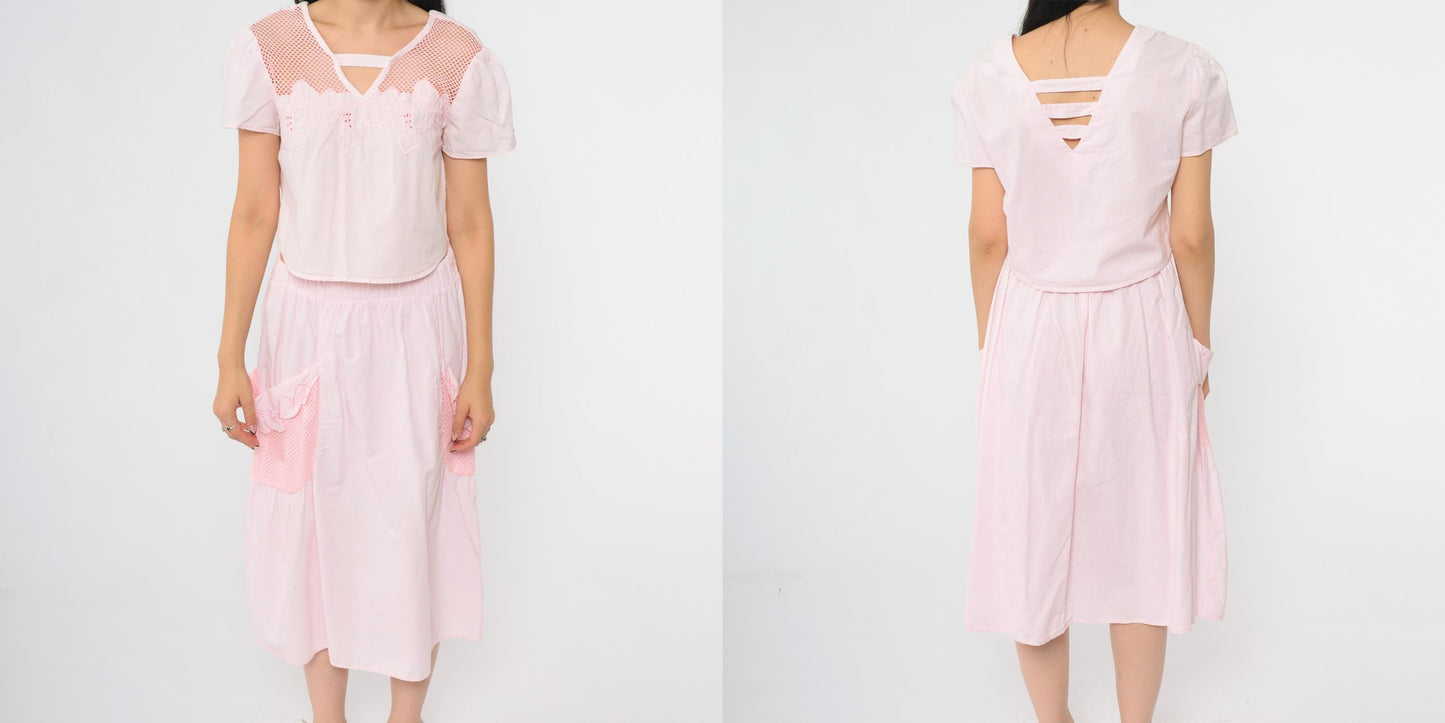 90s Stoplight Pink Cotton Two Piece Set Crop Top Midi Skirt Small
