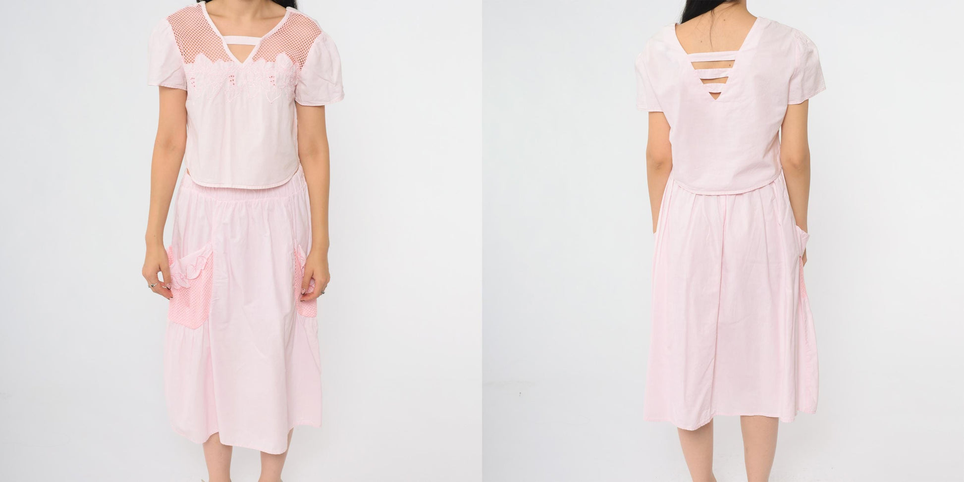 90s Stoplight Pink Cotton Two Piece Set Crop Top Midi Skirt Small