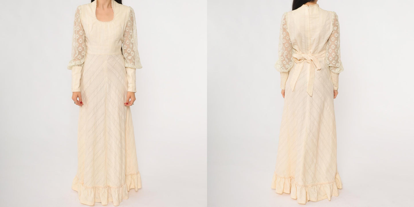 70s Cream Lace Maxi Dress Long Sleeve Scoop Neck Fitted Bodice Medium M