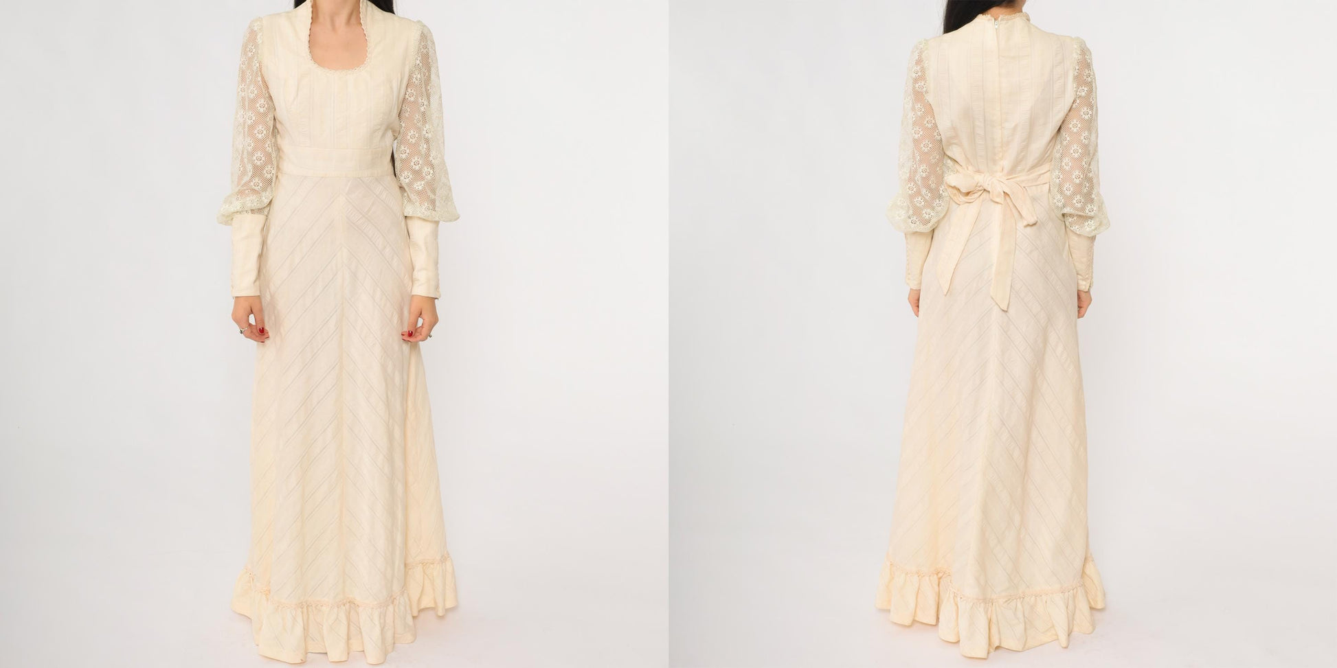 70s Cream Lace Maxi Dress Long Sleeve Scoop Neck Fitted Bodice Medium M