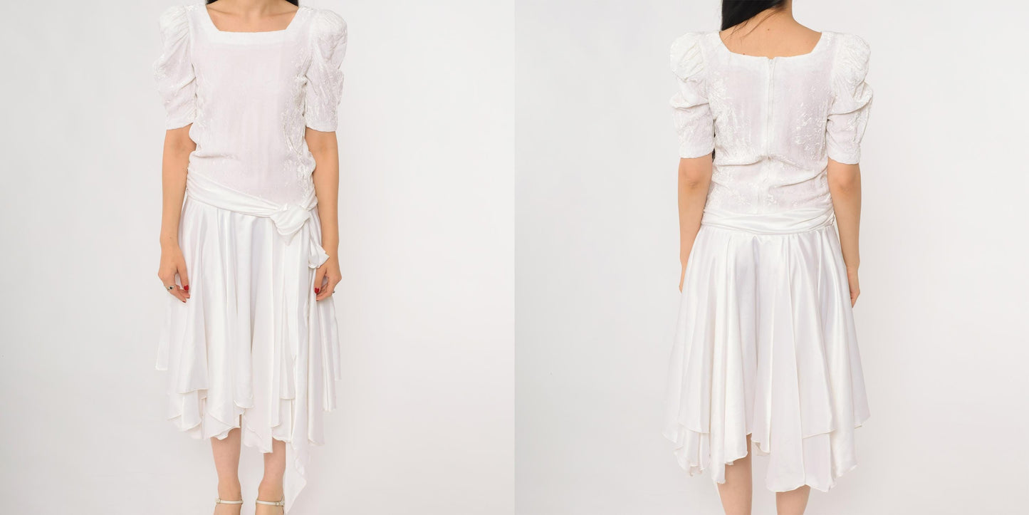 80s White Puff Sleeve Dress Square Neck Wrap Bodice Handkerchief Hem Extra Small XS
