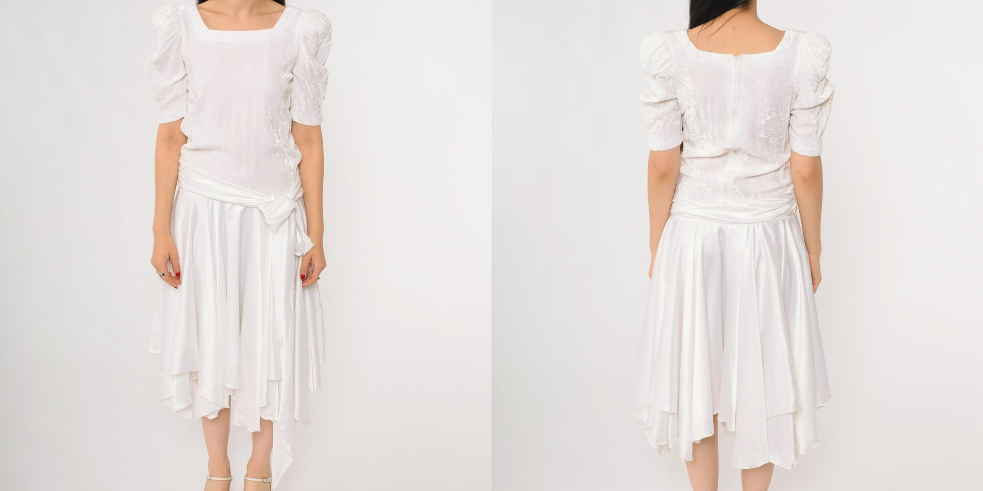 80s White Puff Sleeve Dress Square Neck Wrap Bodice Handkerchief Hem Extra Small XS