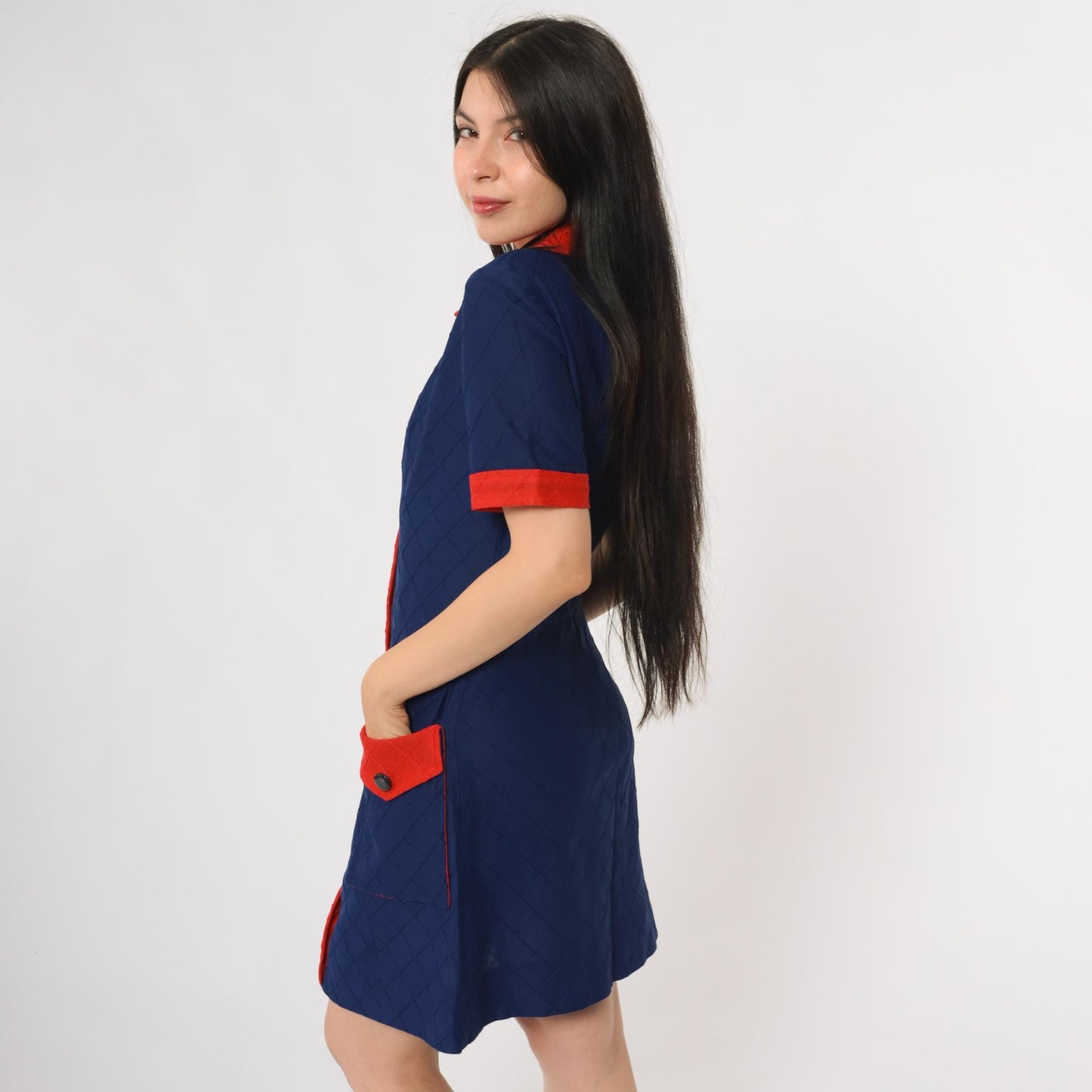 60s Mod Mini Dress Navy Red Colorblock Peter Pan Collar Shift Medium M