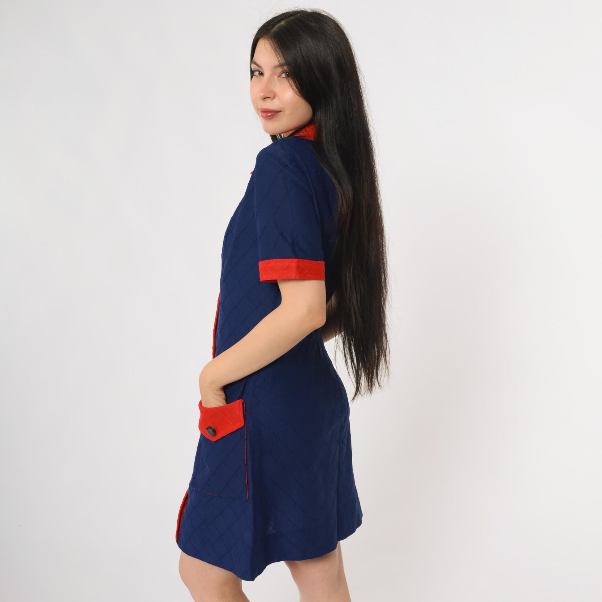 60s Mod Mini Dress Navy Red Colorblock Peter Pan Collar Shift Medium M