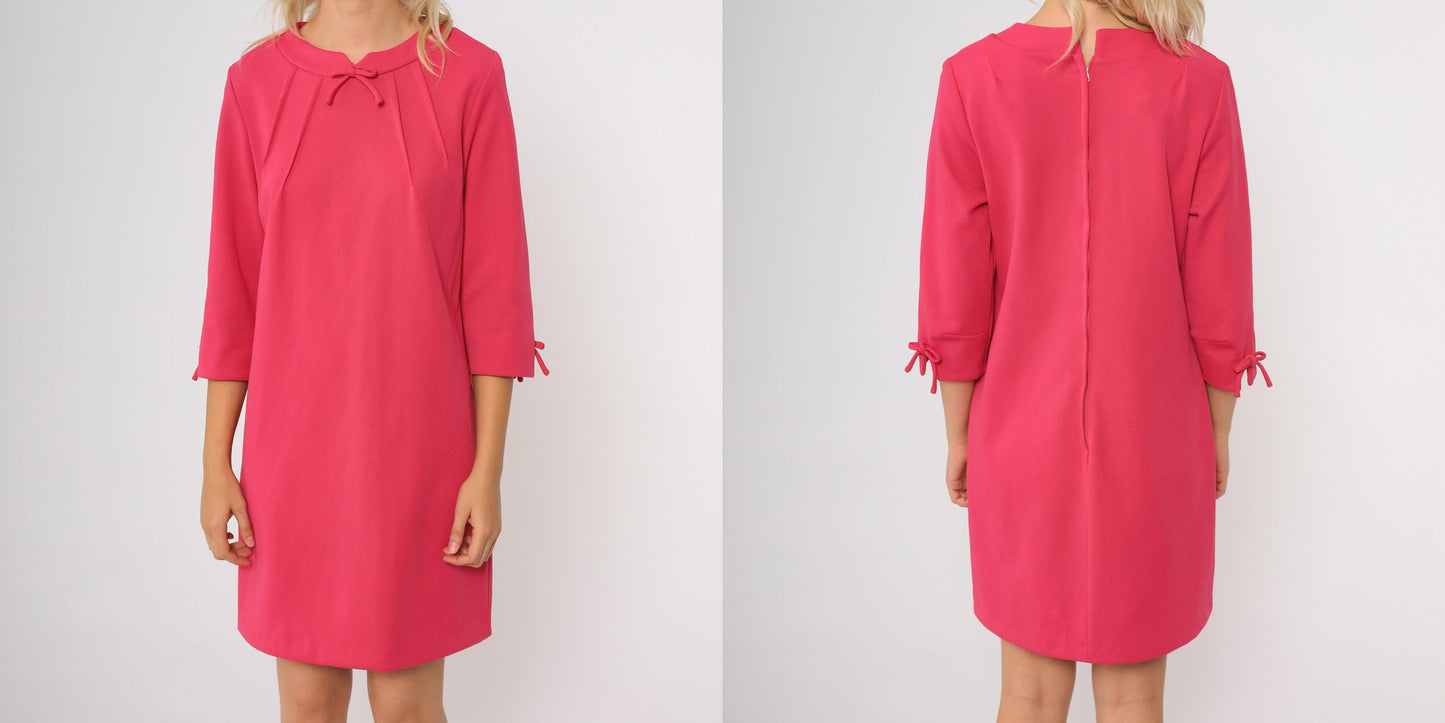 1960s Pink Mini Shift Dress Bow Tie Neck Drop Waist Short Sleeve Large L