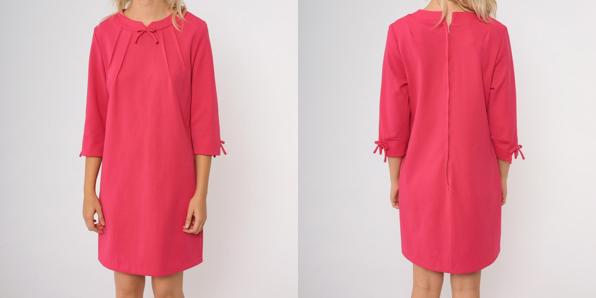 1960s Pink Mini Shift Dress Bow Tie Neck Drop Waist Short Sleeve Large L