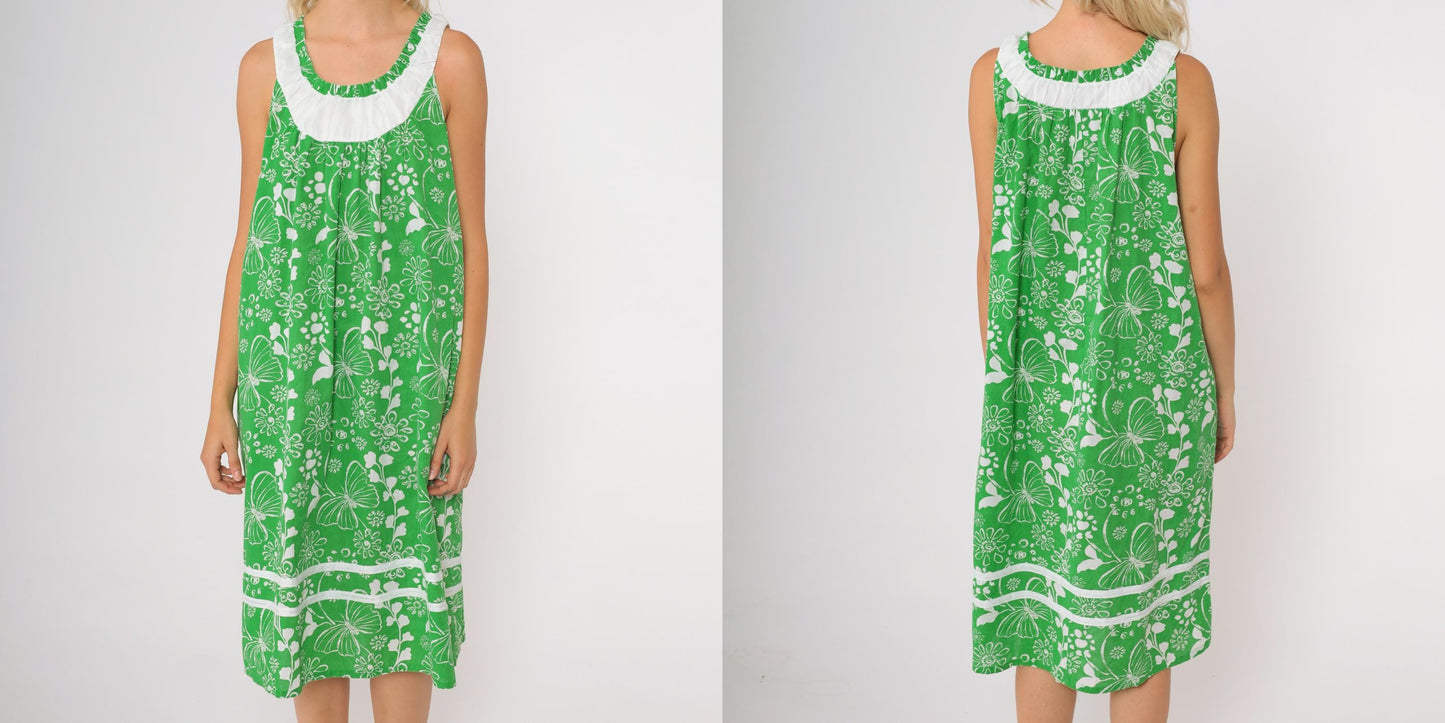 90s Anthony Richards Green Floral Midi Dress Butterfly Ruffle Trim Medium