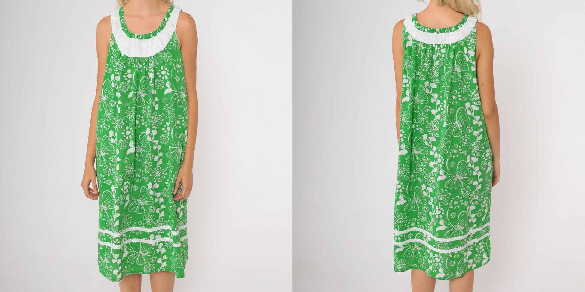 90s Anthony Richards Green Floral Midi Dress Butterfly Ruffle Trim Medium