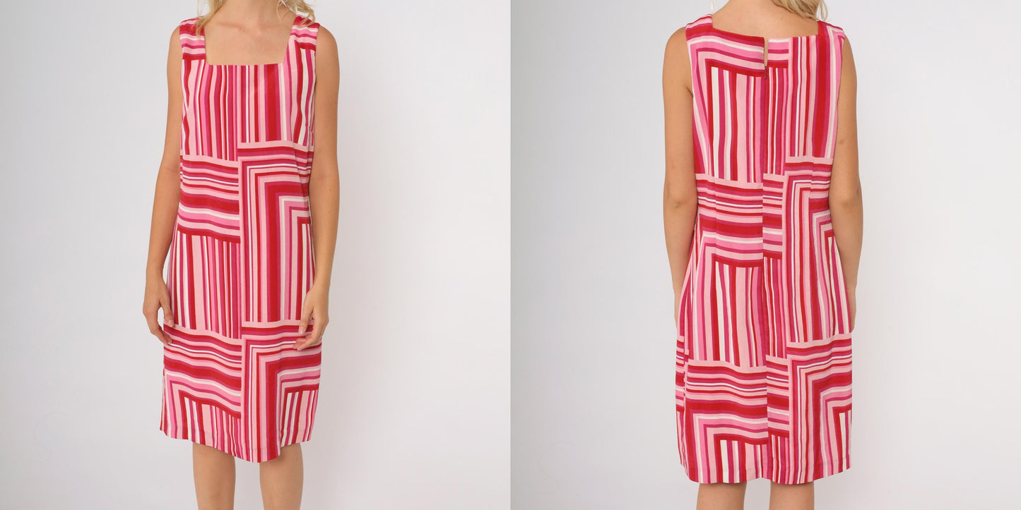 Y2K Easy Pieces New York Red Pink Striped Mini Dress Geometric Tie Straps Medium