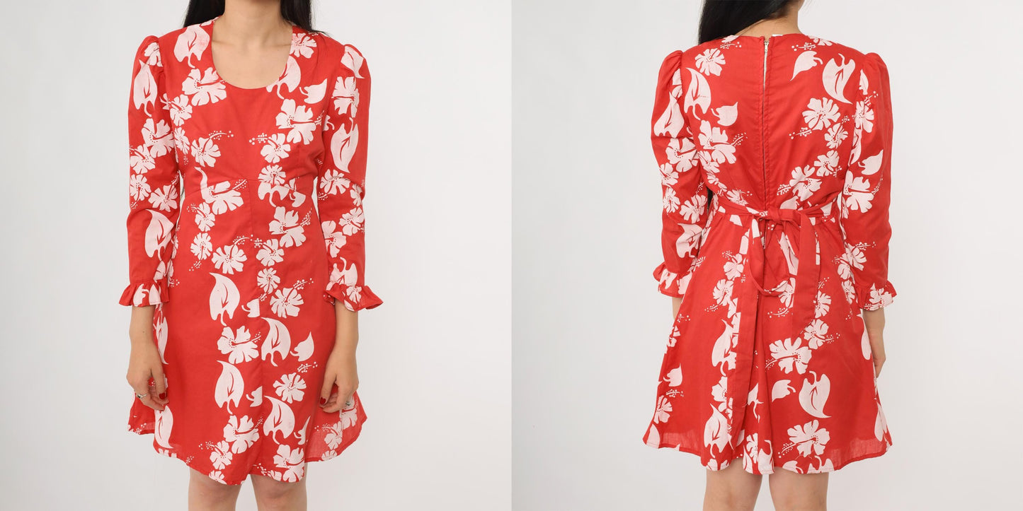 70s Hawaiian Hibiscus Floral Dress Red White Long Sleeve Ruffle Medium