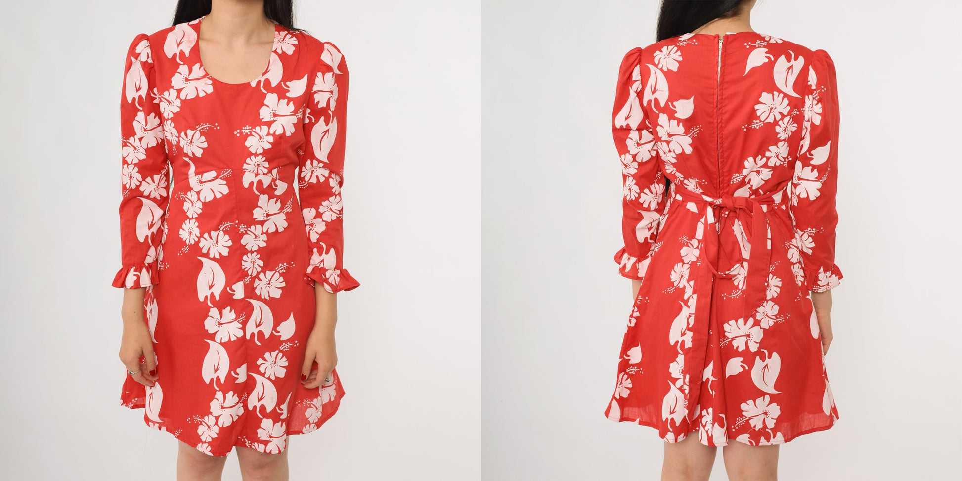 70s Hawaiian Hibiscus Floral Dress Red White Long Sleeve Ruffle Medium