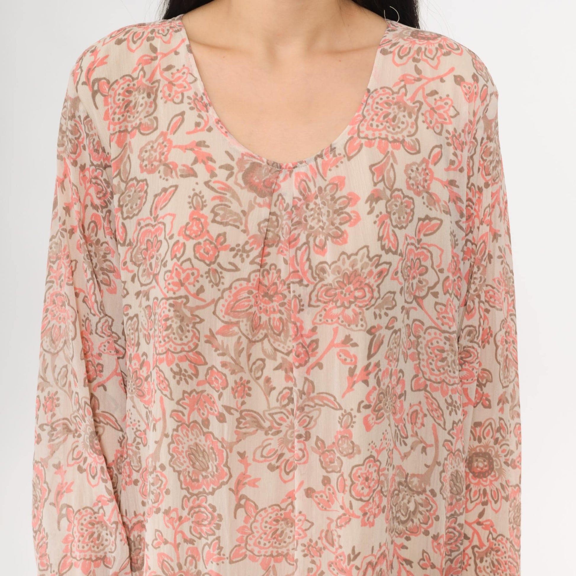 70s Paisley Floral Maxi Dress Pink Brown Long Sleeve Caftan V-Neck Medium Large