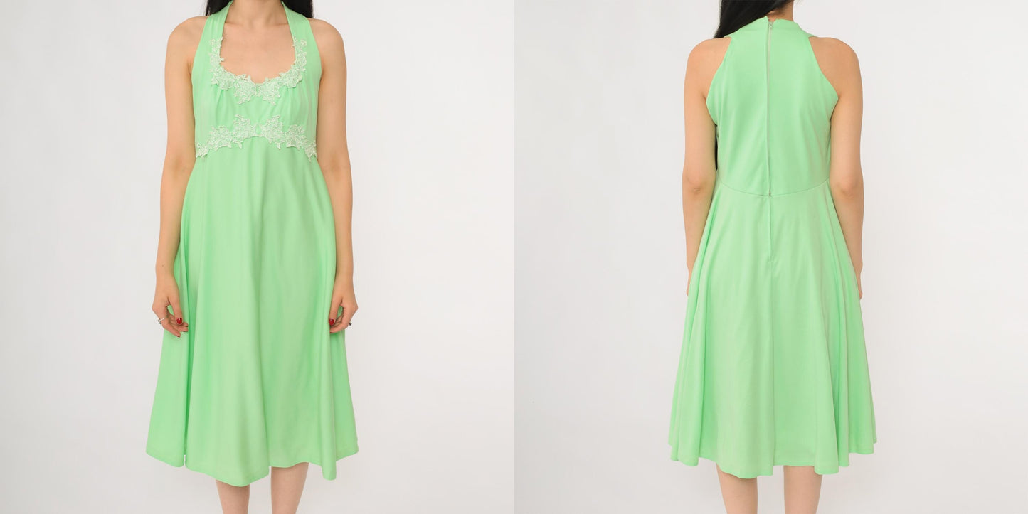 70s Green Halter Midi Dress Floral Lace Trim Sleeveless Summer Medium